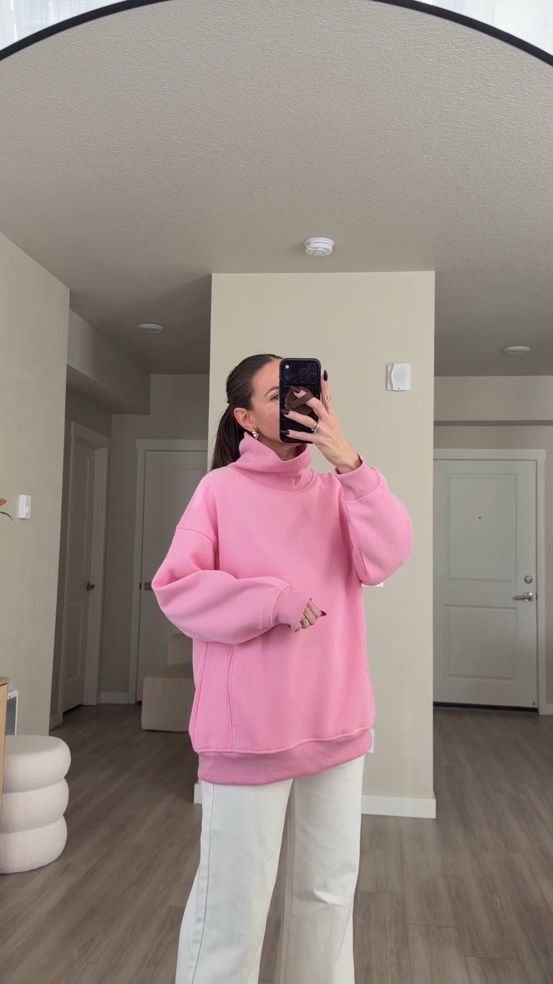 funnel neck sweater.  i'm 5'7 and wearing medium 

got it in four colors to try on .  many more colors available #funnelnecksweater #mocksweater #oversizedsweater