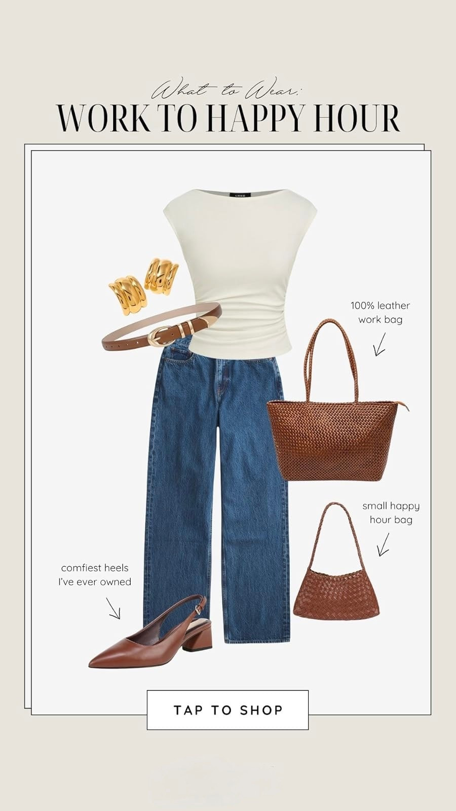 Work to Happy Hour Outfit ✨ Chic Office to Evening Look with Jeans, Heels + Classic Accessories 🤎 This effortless outfit transitions seamlessly from the office to after-work plans with a structured top, relaxed denim, and timeless brown accessories. Styled with comfortable heels, a work tote, and a smaller evening bag, this look is perfect for busy days that turn into nights out. Save this for work outfit ideas, business casual inspo, and day-to-night styling. #workoutfit #businesscasual #outfitinspo #daytonight #capsulewardrobe #officeoutfit #everydaystyle #ltkstyle

#LTKootd #LTKSaleAlert #LTKWorkwear