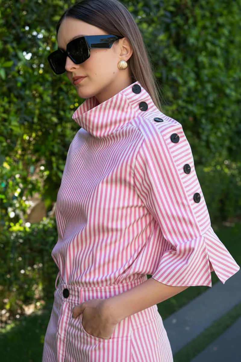 Kya Striped Button Blouse - Pink Short Sleeve | Benaar La