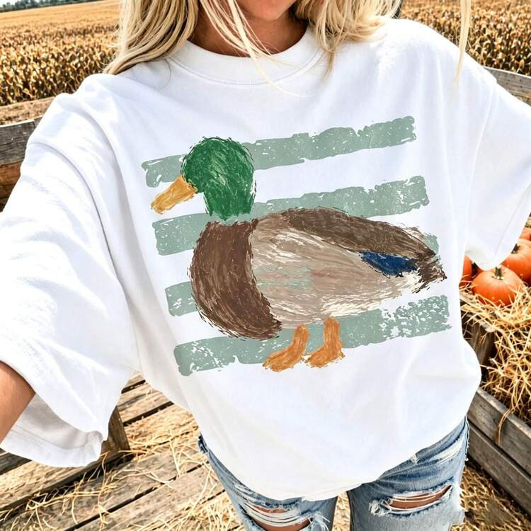 Vintage Oil Painting Mallard Duck Graphic Tee Aesthetic Countryside Local Summer Vacation Outfits... | SHEIN