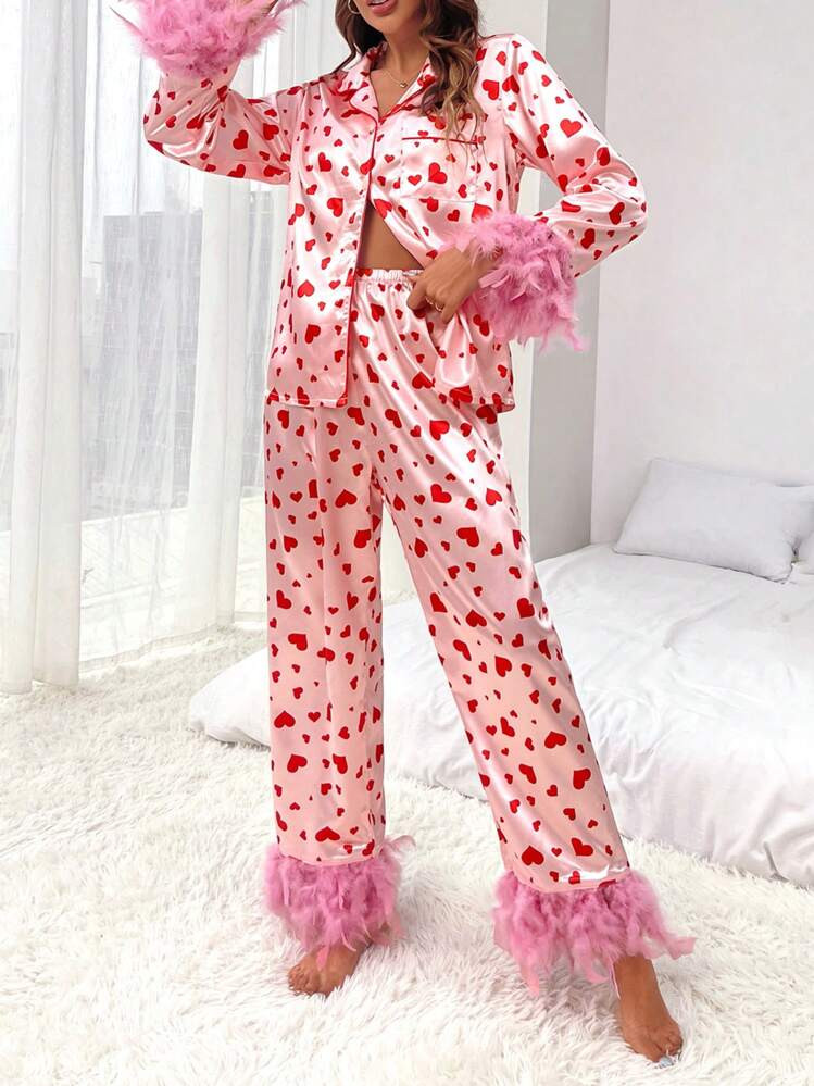 Women Valentine's Day Pajamas Set Satin Silk Loungewear Set 2 Piece Outfit Heart Print Feather Cuff Long Sleeve Lapel Button Down Tops With Wide Leg Pants Fall Spring Sleepwear Homewear Jammies | SHEIN