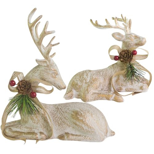 SANNO Sitting Reindeer Deer Reindeer Christmas Deer Decoration Tabletop Figurine Decorative Reindeer Figurines with Red Berry Pinecone Pine Needle Wreath,Rustic Gold White | Amazon (US)