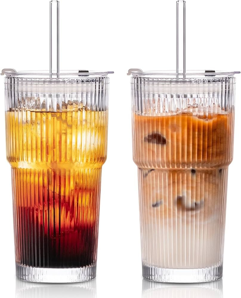 SoulTimes 600 ml Glasbecher mit Deckel und Strohhalm, Gerippte trinkbecher f\u00fcr Iced Coffee, ... | Amazon (DE)