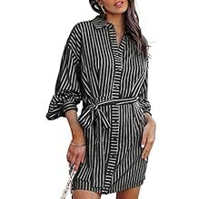 Coutgo Women's Striped Shirt Dress Long Sleeve Button Down Casual Short Dress with Belt | Amazon (US)
