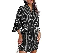 Coutgo Women's Striped Shirt Dress Long Sleeve Button Down Casual Short Dress with Belt | Amazon (US)