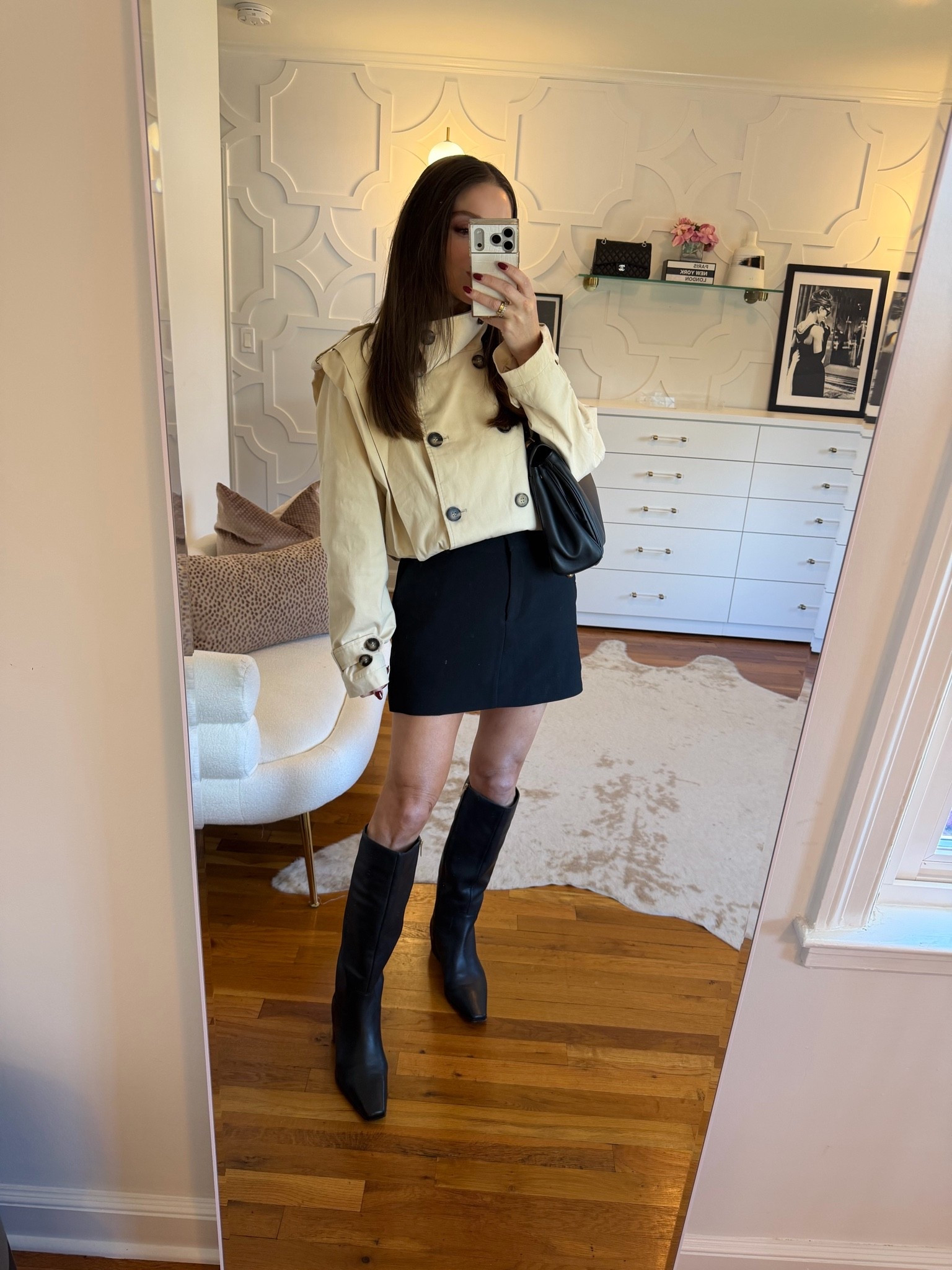 Styling some of my favorite pieces together! This chic extended shoulder cropped trench, my favorite skort, and the best riding boots — on sale for 30% off! Fun little transitional outfit. Would be perfect for a day in the city.

Trench: you can size down one 
Skirt: true to size
Riding boots: sized up half a size
