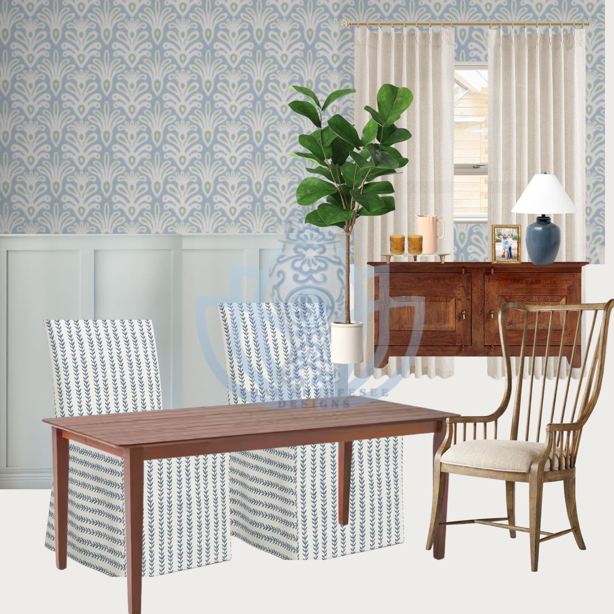 This dining room showcases a warm and inviting traditional style with a touch of modern charm. The patterned wallpaper and wainscoting create a classic, elegant backdrop, while the rich wood tones of the dining table and sideboard bring depth and warmth to the space. The patterned slipcovered chairs add a refined visual interest, complemented by the spindle-back armchair that introduces a timeless craftsmanship detail. A potted plant adds a fresh, natural element, and the soft drapery frames the window beautifully, completing the room with a balanced and welcoming feel.

#LTKStyleTip #LTKHome
