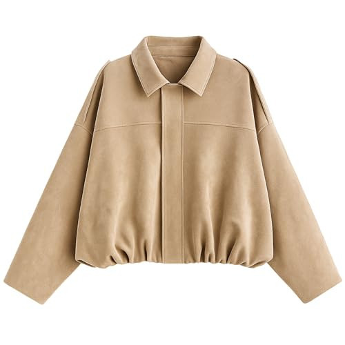 LEACOOLKEY Women's Faux Suede Bomber Jacket Casual Pilot Coat Oversized Spring Fall Batwing Long Sleeve Streetwear Outwear | Amazon (US)