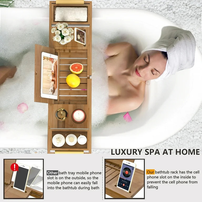 Bambloom Luxury Bathtub Tray,Bamboo Bathtub Table Tray with Premium Leather Grip and Non-Slip Pat... | Walmart (US)