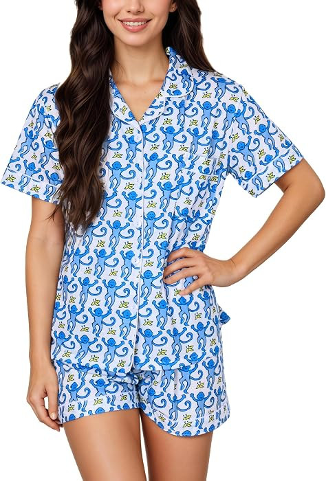 Women's Pajamas Set Button Down Ladies Summer Pajamas Monkey Printed Sleepwear Short Sleeve 2 Pc ... | Amazon (US)