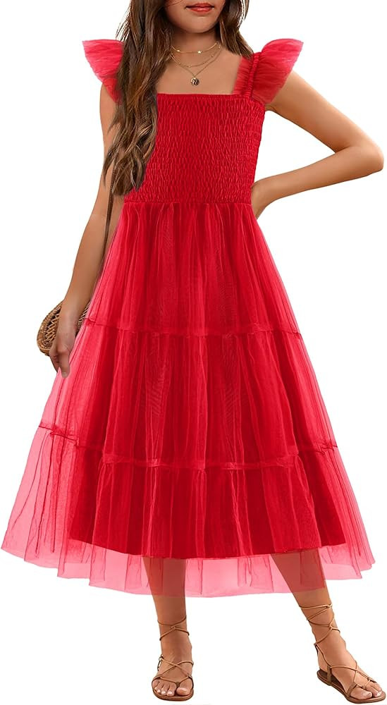 Arshiner Tween Girls Dress Ruffle Sleeve Elastic Straps Smocked A-Line Tulle Summer Long Patry Bi... | Amazon (US)