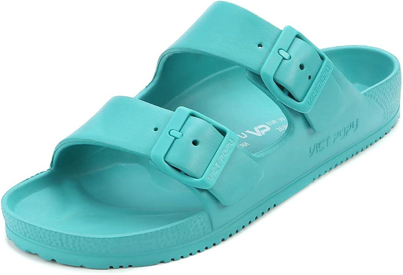 VICT POPU Womens Sandals Adjustable Double Buckle Strap Waterproof EVA Flat Slides | Amazon (US)