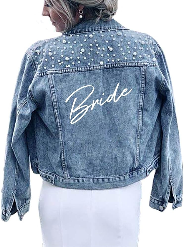 Pearl Bride Denim Jacket Custom Mrs Bride Bachelorette jacket Hen party gift | Amazon (US)