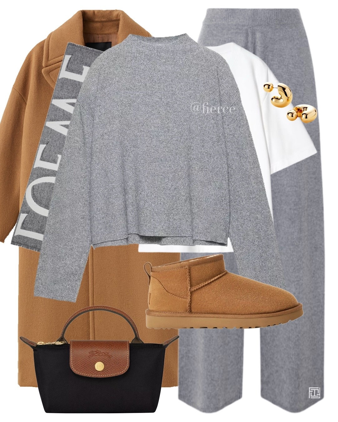 Grey knitted set brown Ugg bitts black brown Longchamp bag brown wool coat grey Loewe scarf knitted trousers weekend travel casual home loungewear 

#LTKeurope #LTKuk #LTKwinter