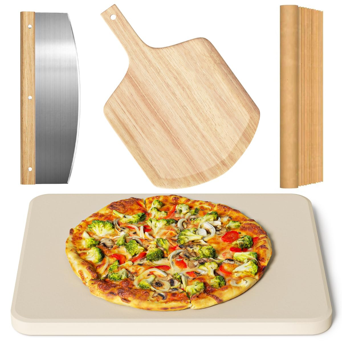 4 PCS Rectangle Pizza Stone Set, 15" Large Pizza Stone for Oven and Grill with Pizza Peel(OAK), P... | Amazon (US)