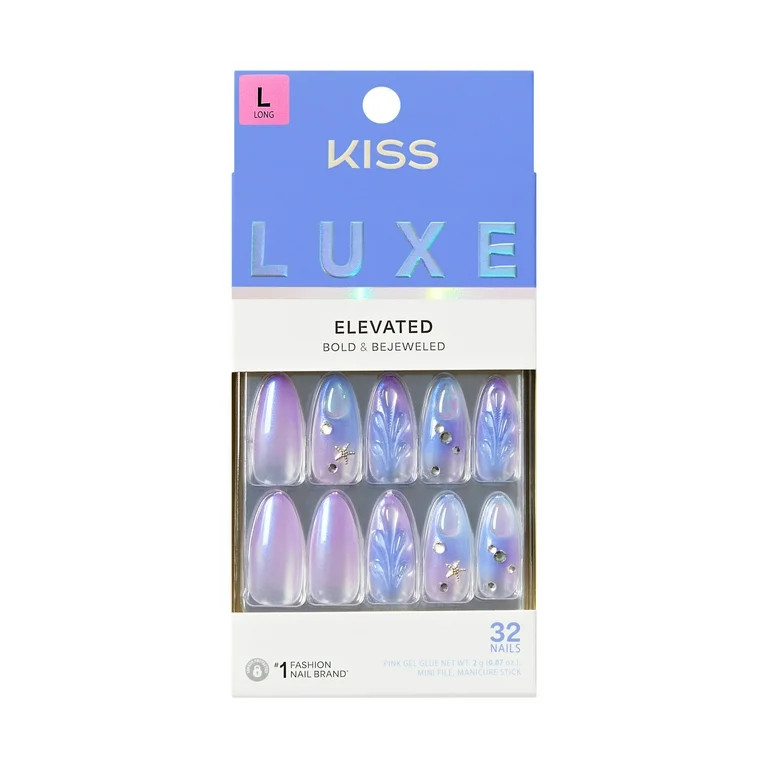 KISS LUXE Press On Nails Almond, ‘Jasmine Skies’, Blue, Long, 32 Count | Walmart (US)