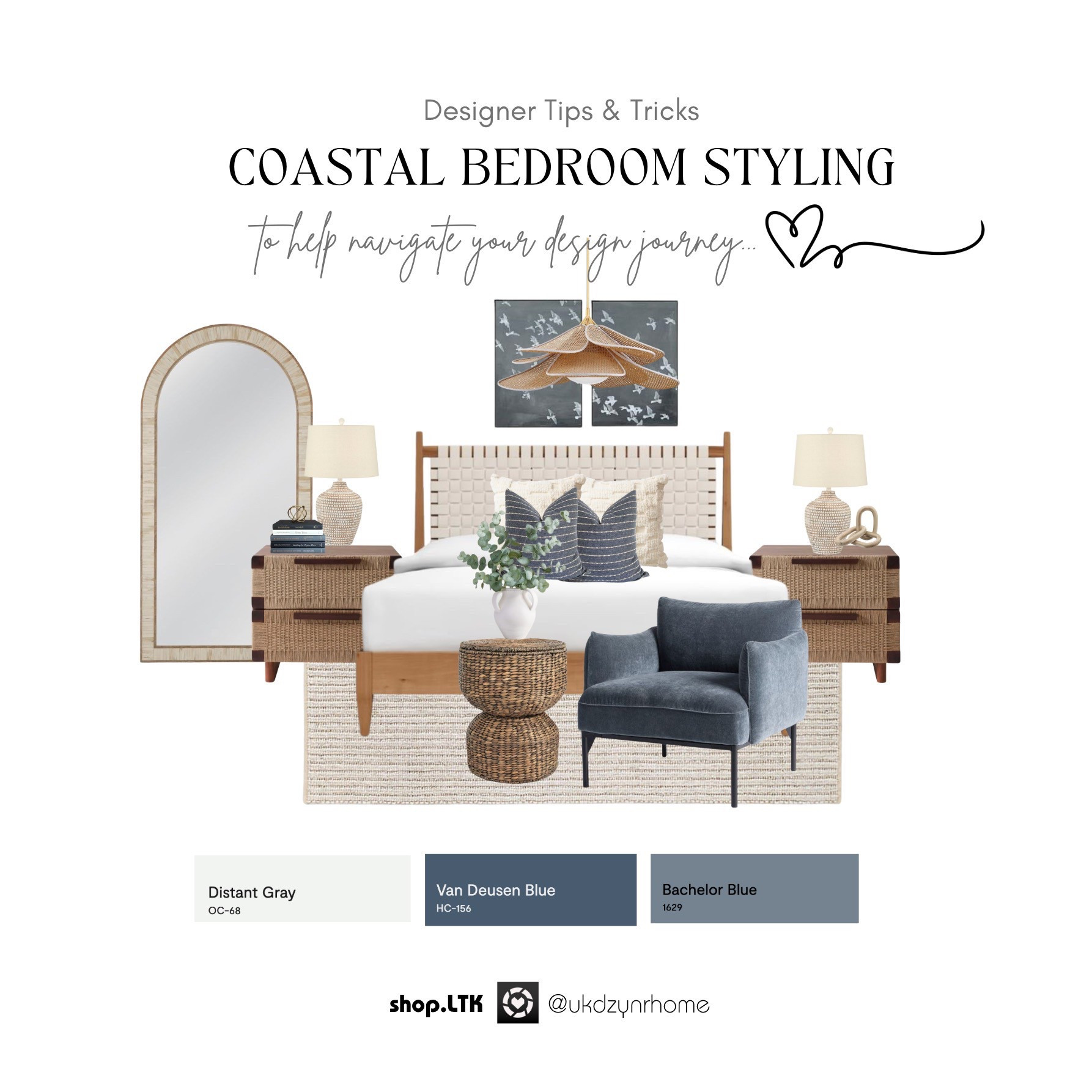 COASTAL BEDROOM STYLING | Bedroom Furniture | Area Rugs | Accent Chair | Rattan Woven Nightstands | Home Accents | Seagull Art | Ceramic Table Lamp | Coastal Decor | Bedroom 

#LTKHome #LTKStyleTip