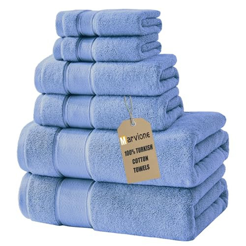 Marvione Bath Towels Set 6 Piece, 100% Turkish Cotton Highly Absorbent and Soft Towels for Bathroom 2 Bath Towels 2 Hand Towels 2 Washcloths, Sky Blue | Amazon (US)