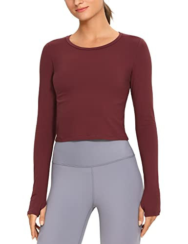 CRZ YOGA Long Sleeve Crop Tops for Women Workout Cropped Top Yoga Slim Fit Athletic Gym Shirts with Thumb Hole Noctilucence Red XX-Small | Amazon (US)