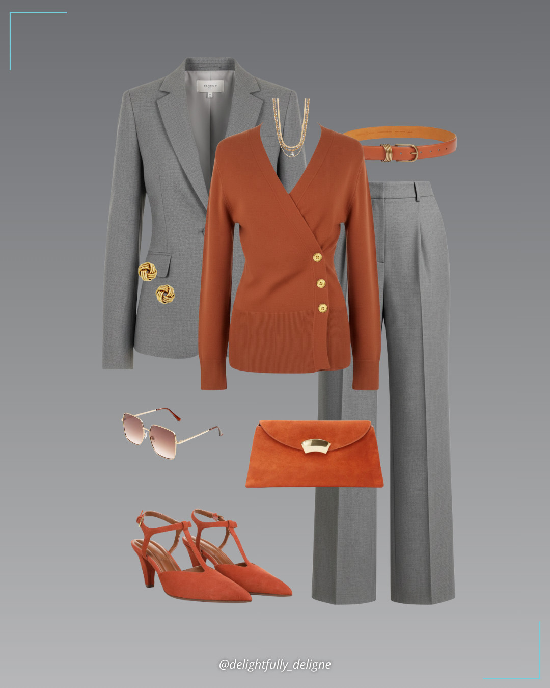 Another way to wear Burnt Sienna 🩶🧡 Asymmetric knit top, straight-leg pants, tailored blazer, pumps, curved-flap suede clutch, layered chain necklace, hoop leather belt, stud earrings & metal square sunglasses. 

 #LTKSeasonal #LTKOver40 #LTKWorkwear