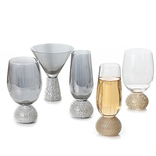 QTKJ Wine Glasses, Martini Glasses, Glass Cups Handmade Studded Rhinestone Base, Elegant Champagne Flutes Wine Glass Cocktail Glasses, Margarita Glasses Set of 5（Silver & Gold） | Amazon (US)