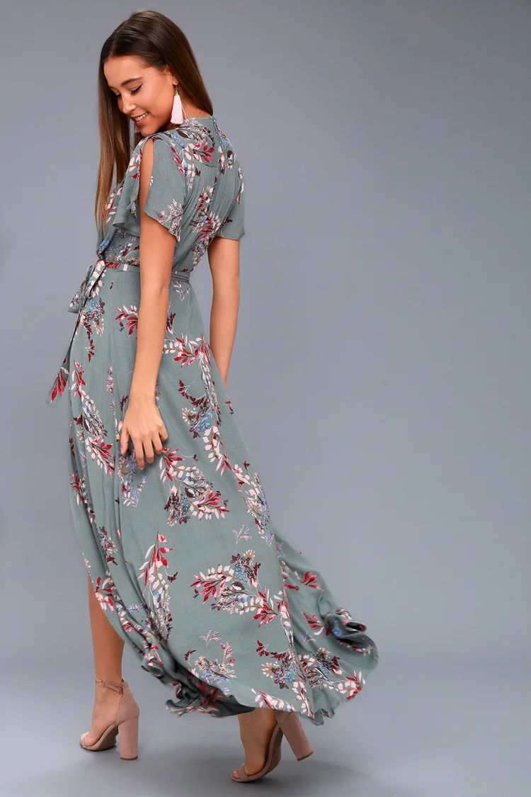 Fiorire Slate Blue Floral Print Wrap Maxi Dress | Lulus (US)
