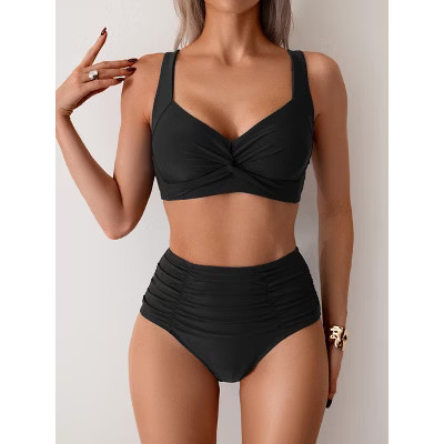 Women's High-Waisted Bikini Set, Twist-Front Bralette Top Ruched Bottoms Swimwear Black XL | Target
