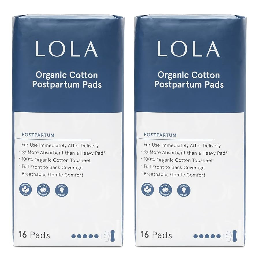 LOLA Organic Cotton Postpartum Pads - 32 Count, Ultra Absorbent and Extra Long Pads, Overnight an... | Amazon (US)