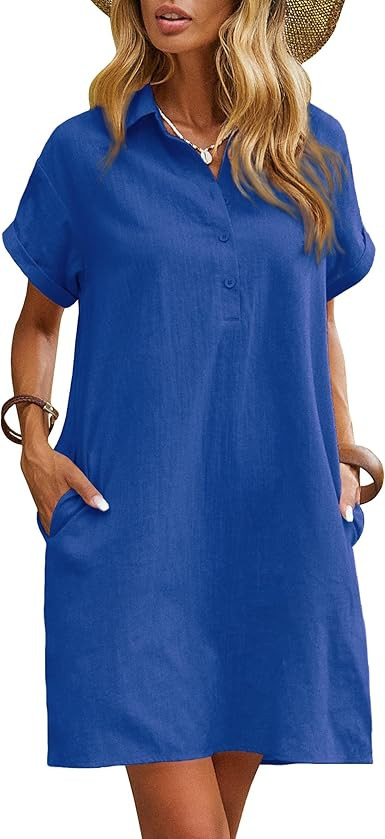 Zeagoo Womens Cotton Shirt Dress Summer Casual Short Sleeve Button Down Beach Cover Up Shirts wit... | Amazon (US)