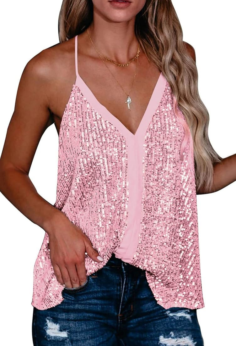 Shawhuwa Women's Fashion V Neck Sequin Strappy Flowy Tank Tops Sexy Sleeveless Racerback Cami Shirts | Amazon (US)