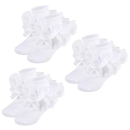 MKYSZLT Girls Ruffle Socks Toddler Girl Gold Silver Glitter Double Lace Frilly Dress Socks Turn Cuff Sparking Pageant Sock (US, Age, 1 Year, 3 Years, white ruffles - 3 pairs) | Amazon (US)