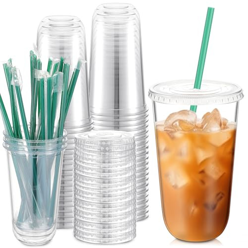Baderke 25 Set Disposable Iced Plastic Cups with Lids Straws,Clear,18 Oz | Amazon (US)