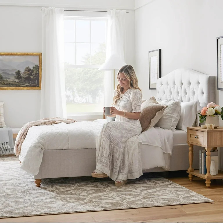 My Texas House Anna Diamond Tufted Upholstered Platform Bed, Queen, Cream | Walmart (US)