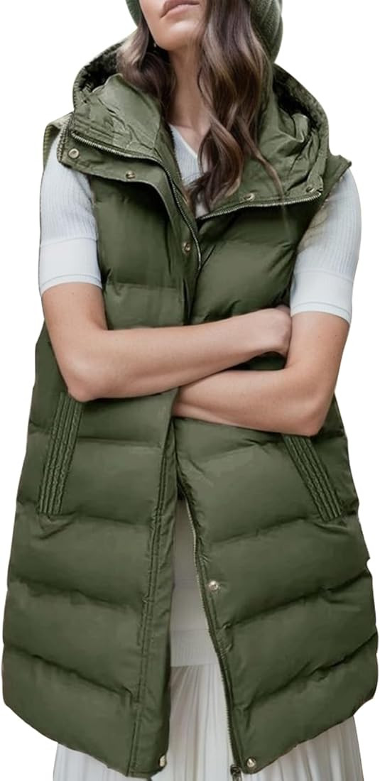 Gihuo Women's Long Puffer Vest Winter Quilted Hooded Sleeveless Zip Up Long Jacket Vest Gilet | Amazon (US)
