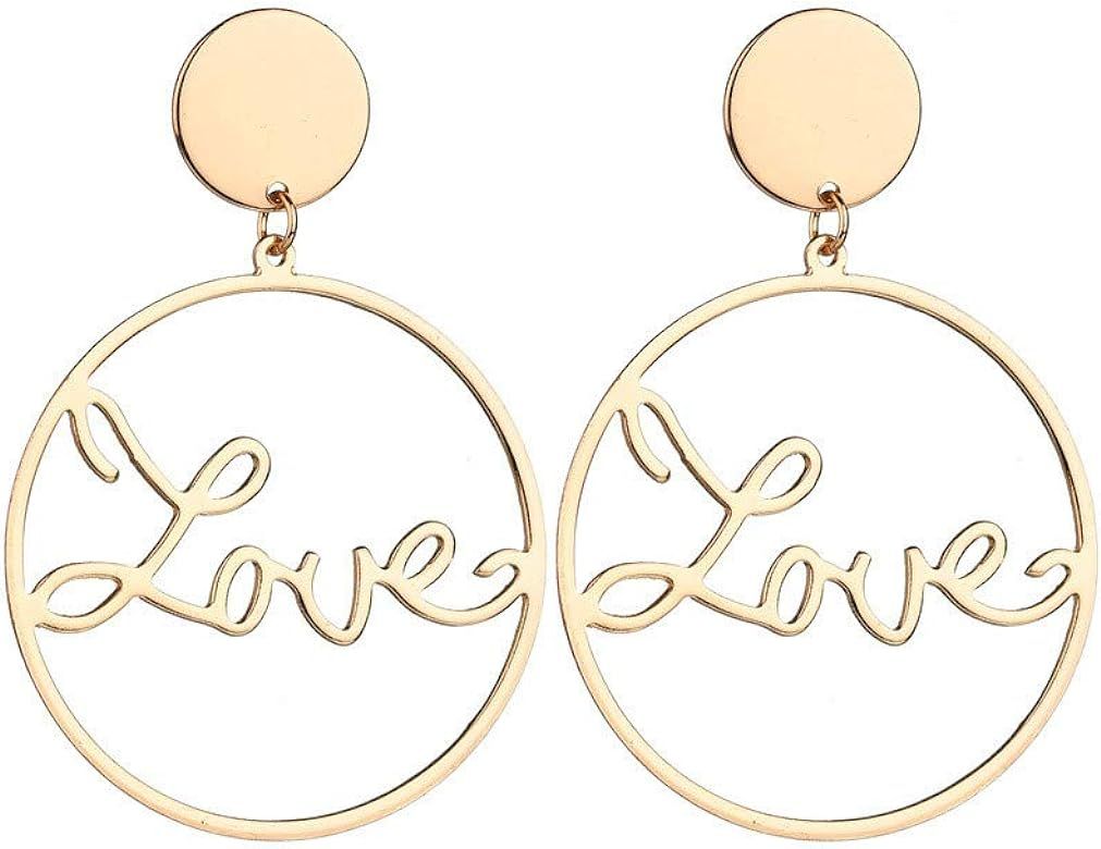 Simple Love Letter Large Hoop Dangle Earrings For Women Gold Silver Color Punk Big Circle Drop Ea... | Amazon (US)
