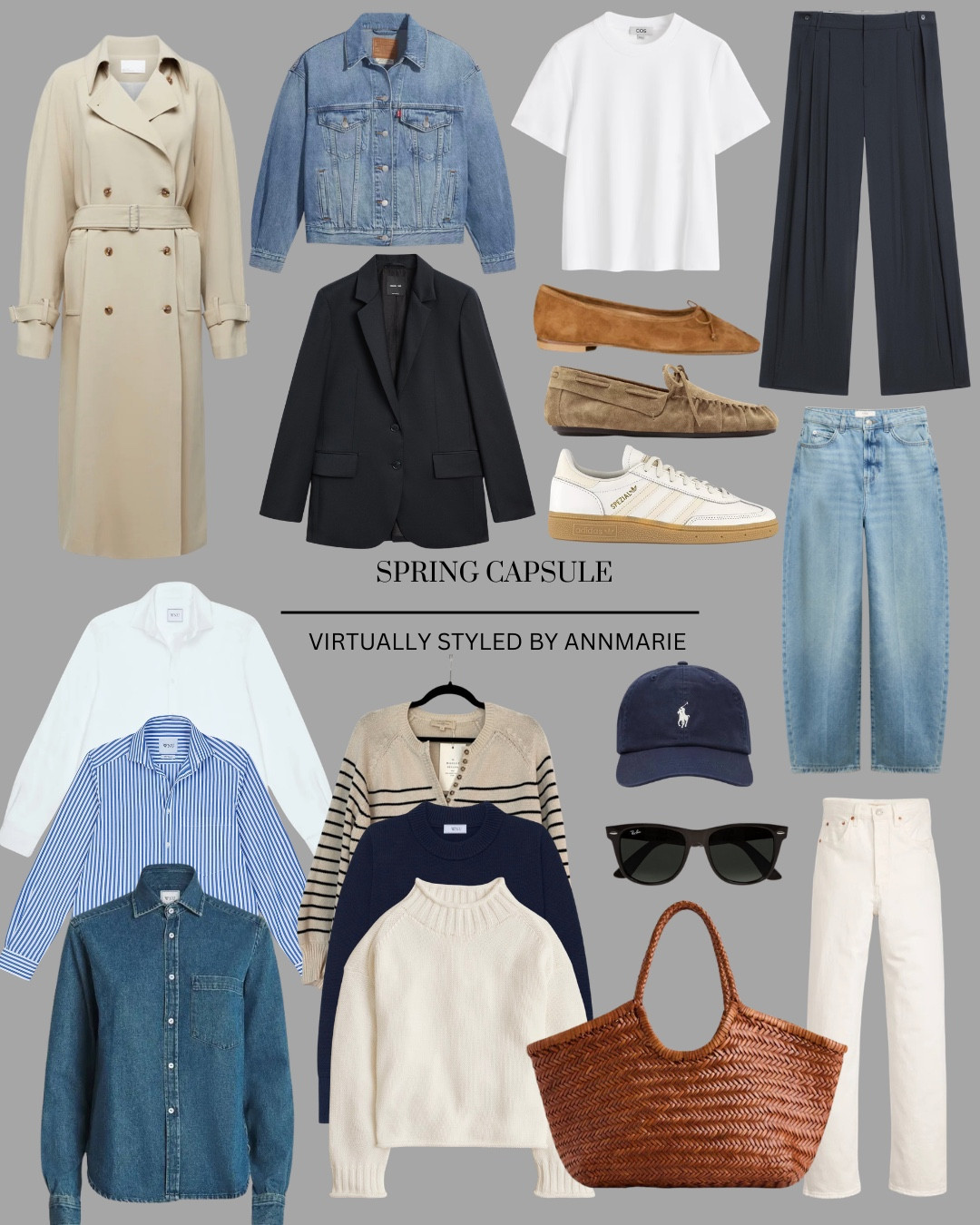 Spring Capsule Wardrobe 2026 

What I recommend for your wardrobe
Trench mac 
Relaxed denim jacket 
Navy blazer
White tshirt 
White shirt 
Blue or Blue striped shirt 
Denim shirt 
Cotton jumpers 
White jeans 
Pale blue denim jeans 
Wide leg trouser 
Flat ballet flat 
Loafer 
Slim profile trainer 
Classic shape sunglasses 
Casual cap 
Woven tote bag 

#LTKspring #LTKstyletip