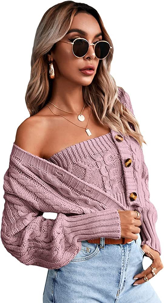 Romwe Women's Loose Long Sleeve Knit Button Down Cardigan Sweaters 2 Pieces Sweatshirt Pullove Crop  | Amazon (US)