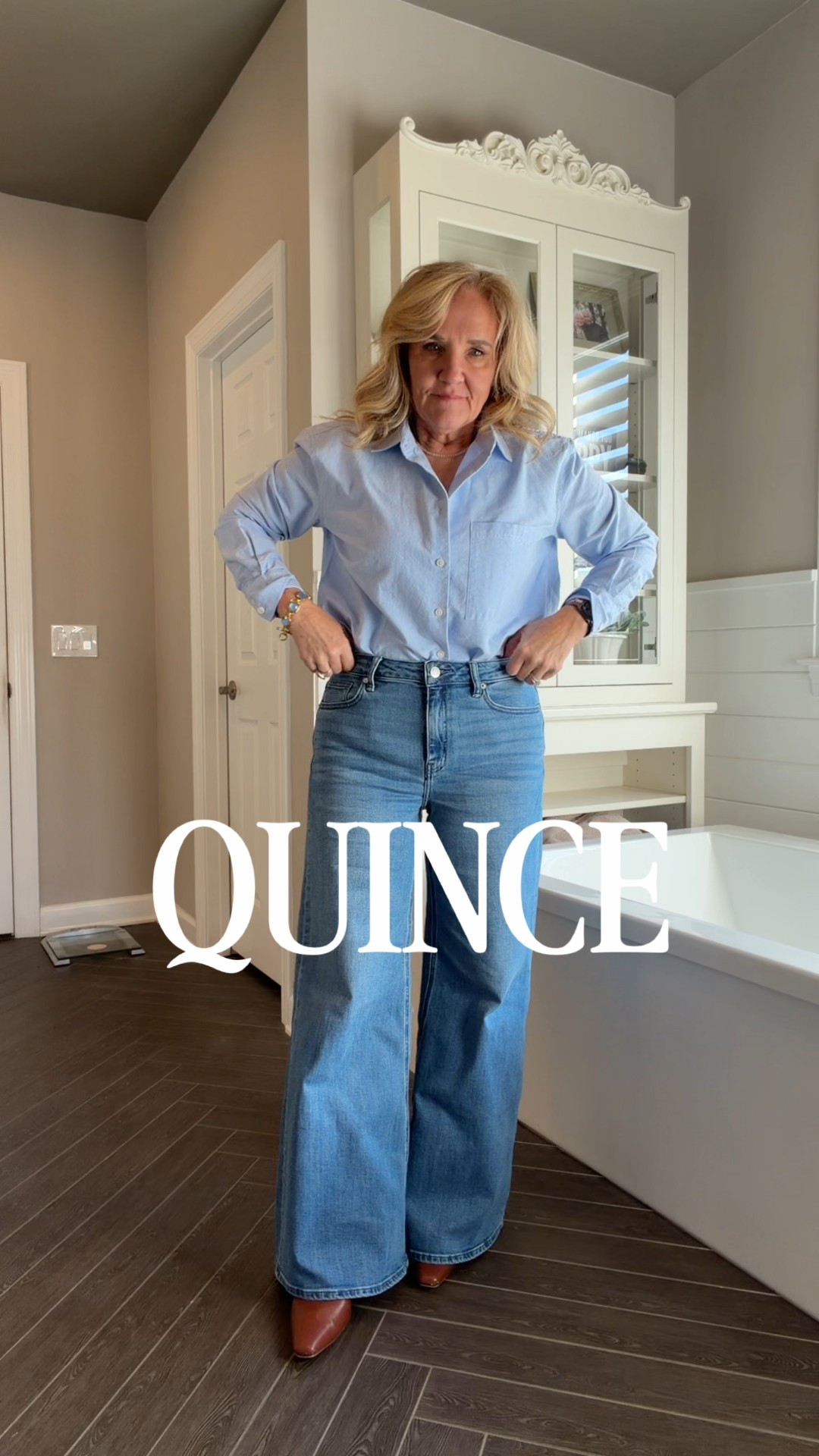 New Palazzo jeans that I’m wild about. This blue oxford is a must have in every closet.

All with the sustainability, quality and value that we’ve come to expect from @onequince. It just never disappoints. #QuincePartner 

Sizing
Bella palazzo jeans waist 29 (only one inseam, I need a heel)
Blue Oxford button down size medium.


#LTKOver40 #LTKWorkwear #LTKootd