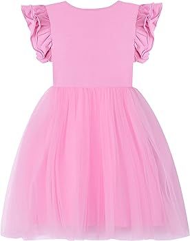 LNKXRTY Toddler Girls Cotton Dress Double Flutter Sleeve Baby Tie Back Dress Kids Casual Ruffle D... | Amazon (US)