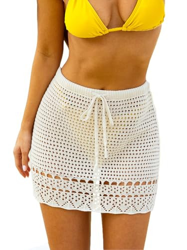 CUPSHE Women's Crochet Cover Up Skirt Knit Drawstring Mini Beach Skirt Coverups for Swimwear Beige, XL | Amazon (US)