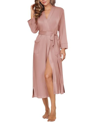 Ekouaer Womens Robe Long Knit Kimono Bathrobe Lightweight Sleepwear Soft Ladies Loungewear with Pockets, Pink, M | Amazon (US)