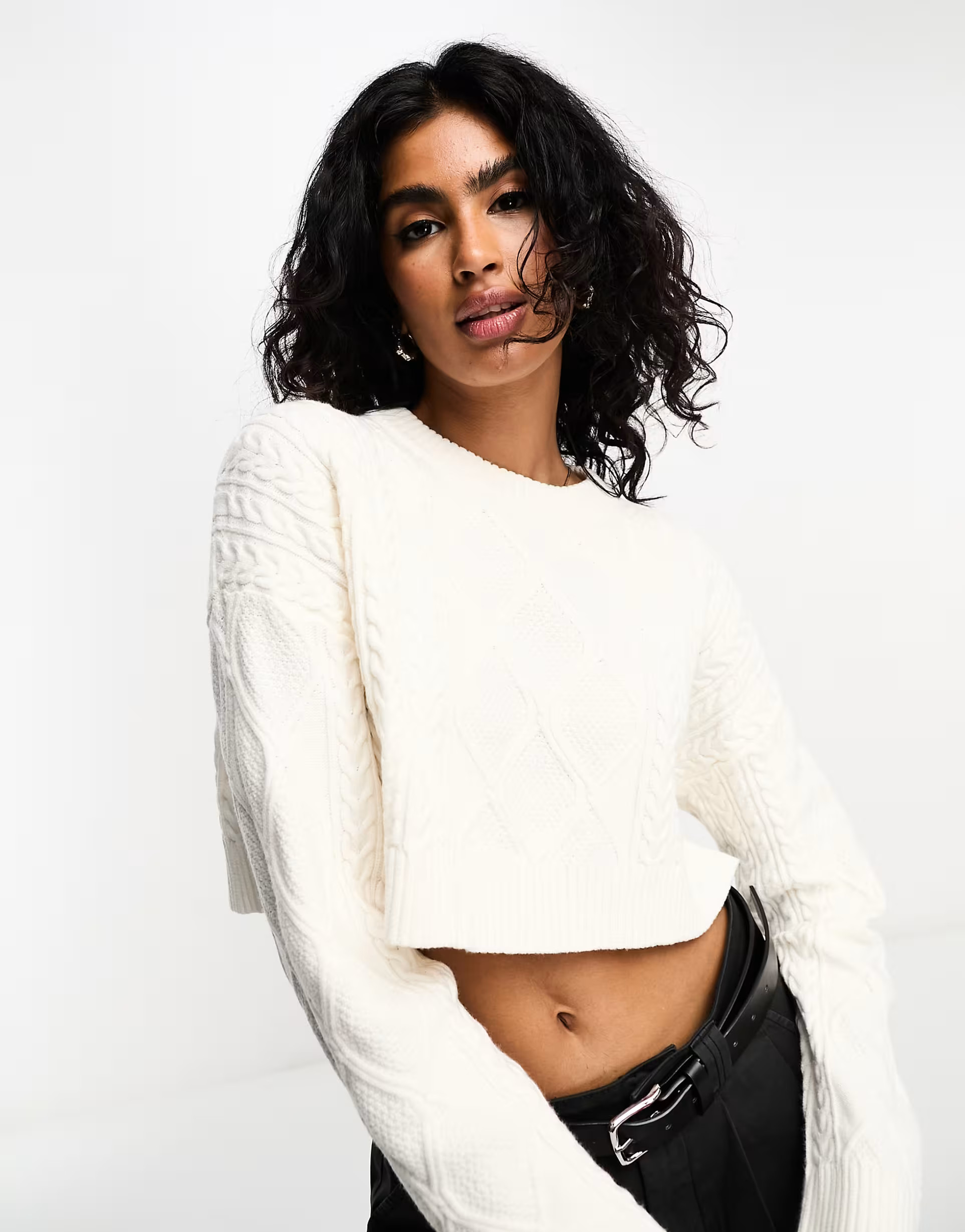 Bershka cable knit cropped jumper in white | ASOS (Global)