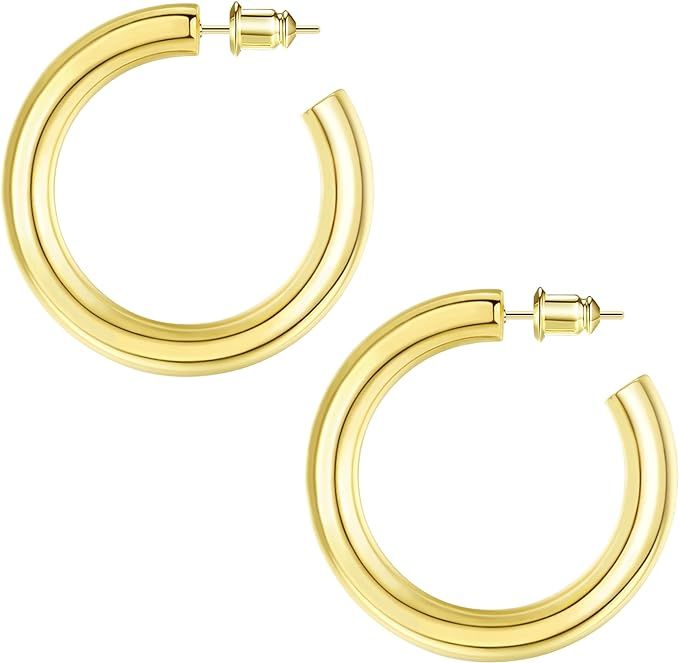Shownii Gold Hoop Earrings for Women Chunky Open Thick Gold Hoops 14K Gold Plated Gift for Girls ... | Amazon (US)