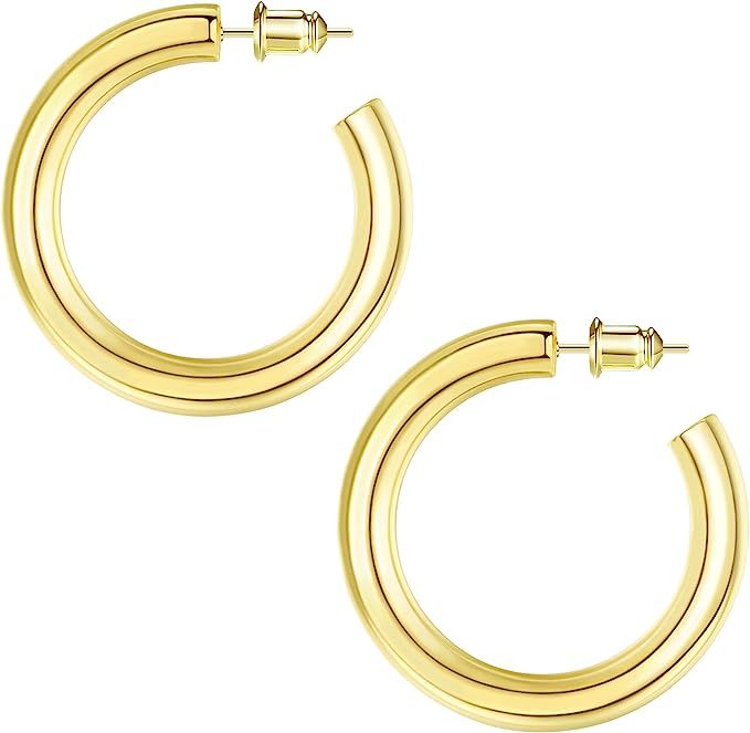 Shownii Gold Hoop Earrings for Women Chunky Open Thick Gold Hoops 14K Gold Plated Gift for Girls ... | Amazon (US)