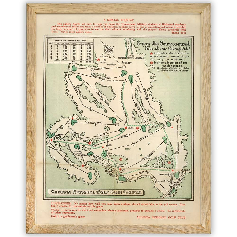 Framed Vintage Augusta National Wall Art Course Map 1954 Golf Decor - Golf Poster Map Golf Wall A... | Amazon (US)