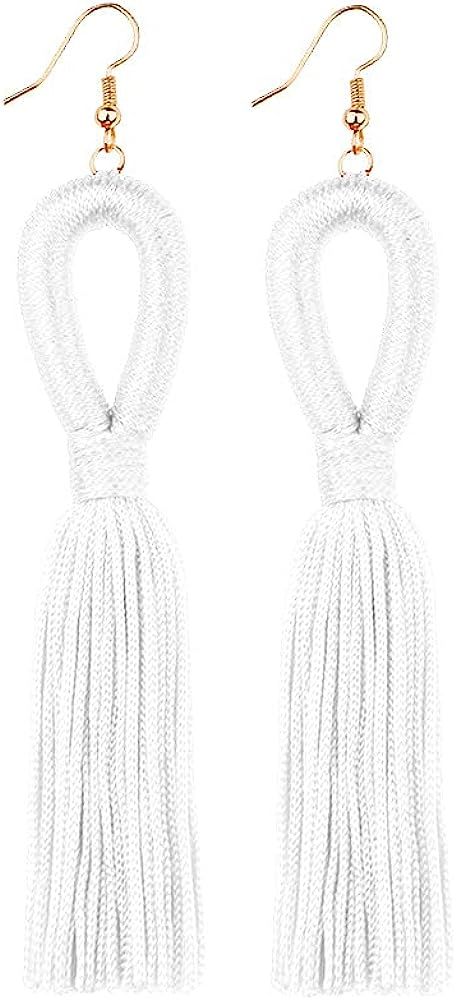 Long Hoop Tassel Earrings – Big Boho Statement Woven Hoop Fringe Dangle Earrings for Women Girl... | Amazon (US)