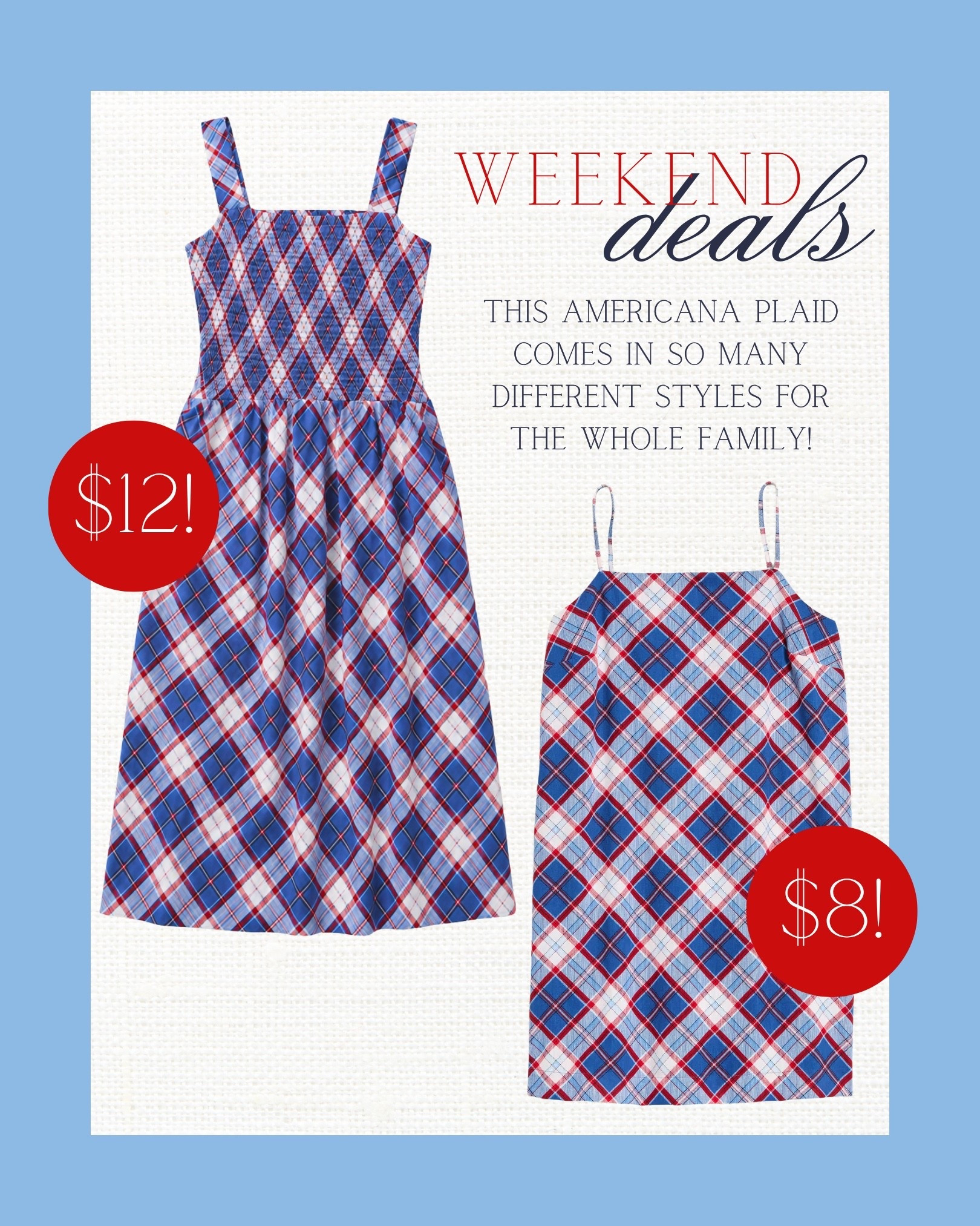 Weekend Old Navy deals are too good right now 🇺🇸 These Americana plaid dresses come in so many colors + prints, and they have options for the whole family too. Such an easy summer outfit for Memorial Day, 4th of July, lake weekends, family photos, or matching sibling looks — and the prices are so good!

Old Navy dress, Americana dress, plaid summer dress, girls plaid dress, matching family outfits, Memorial Day outfit, 4th of July outfit, affordable summer dresses, red white and blue outfit, Old Navy kids clothes