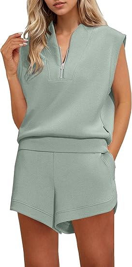 Women Two Piece Outfits Half Zip Sweatshirt Shorts Set Cap Sleeve Sweatshirt High Drawstring Wais... | Amazon (US)