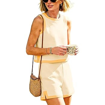 Gozoloma Women's 2 Piece Outfit Crewneck Sleeveless Color Block Cropped Tank and Shorts Set with ... | Amazon (US)