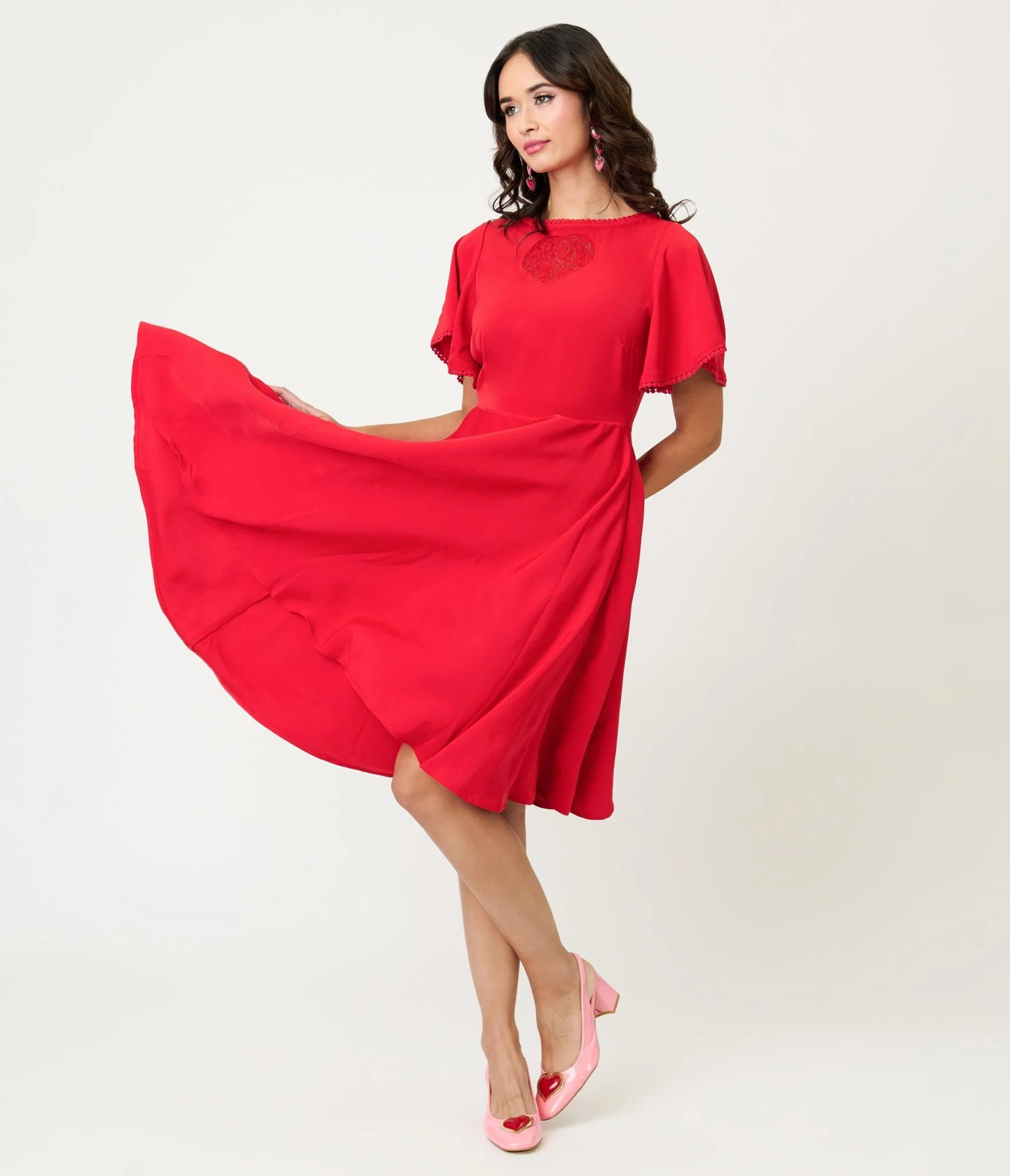 Unique Vintage Red Floral Mesh Cutout Swing Dress | Unique Vintage - North America